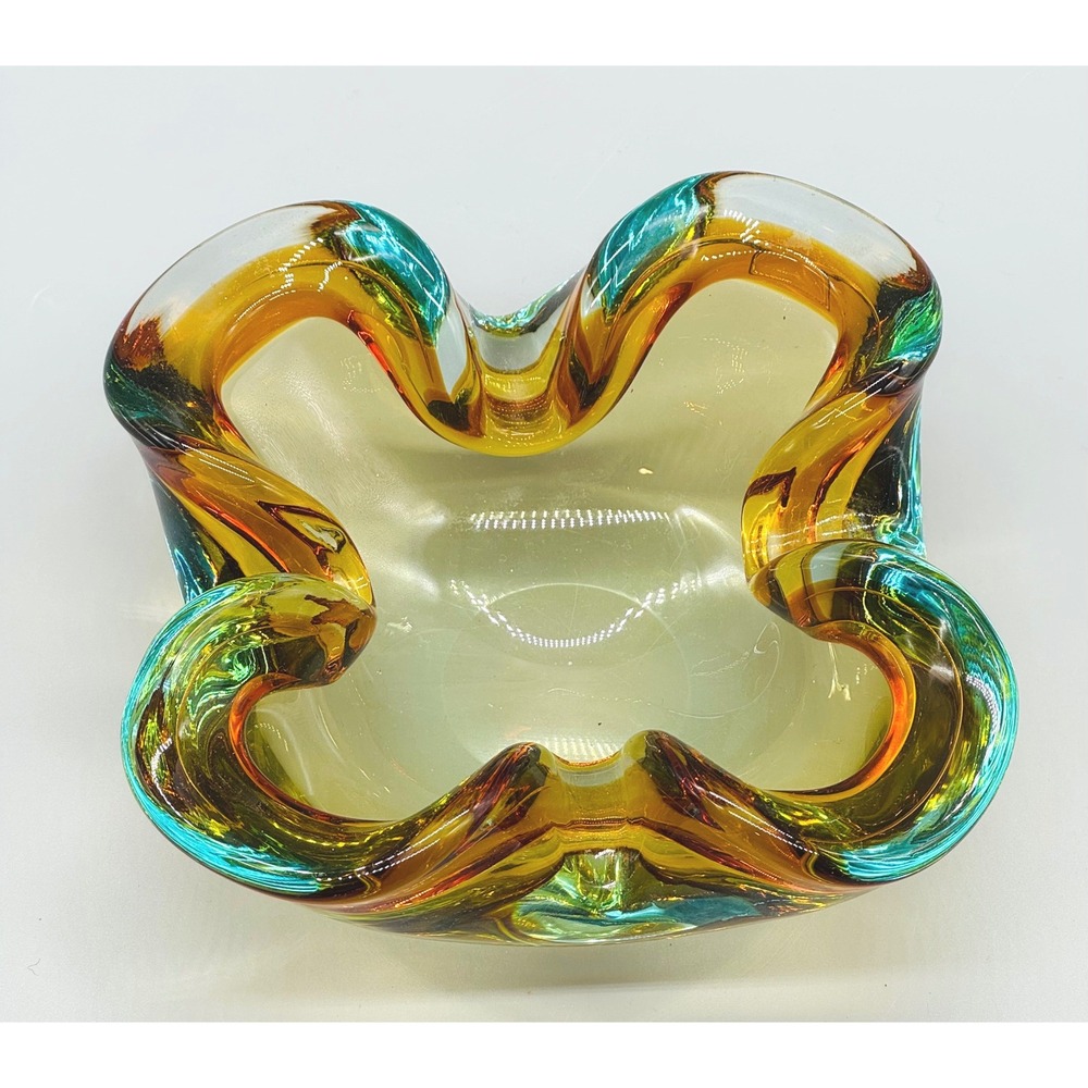 Barbini Murano Art Glass Bowl Ashtray Biomorphic Yellow Amber‎ Blue Green Italy